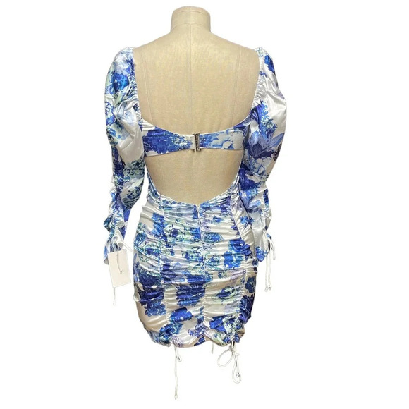 For Love & Lemons Hyacinth Drawstring Ruched Mini Dress Blue White Size XS - Picture 6 of 12